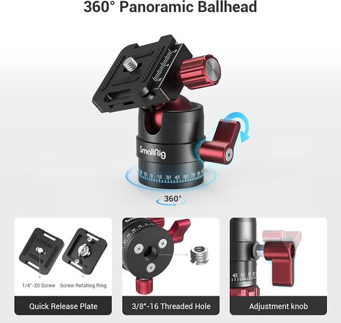 رأس كروي ثلاثي القوائم من SmallRig يدور 360 درجة برأس كروي بانورامي مع لوحة حذاء سريعة 1/4 بوصة، أقصى تحميل يصل إلى 5 كجم/ 11 رطل، لكاميرا الفيديو الرقمية ذات العدسة الأحادية العاكسة ذات الحامل ثلاثي القوائم - 3034 in Kuwait