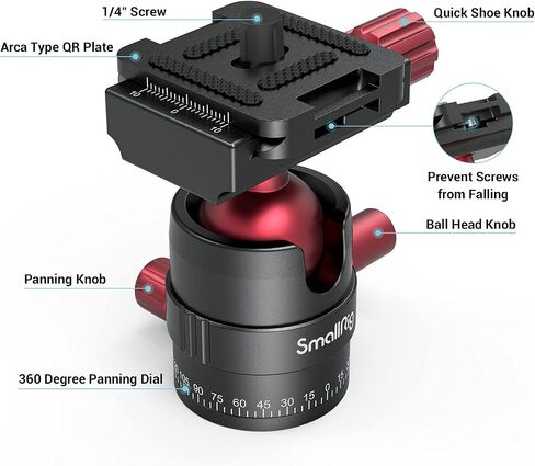 رأس كروي ثلاثي القوائم من SmallRig يدور 360 درجة برأس كروي بانورامي مع لوحة حذاء سريعة 1/4 بوصة، أقصى تحميل يصل إلى 5 كجم/ 11 رطل، لكاميرا الفيديو الرقمية ذات العدسة الأحادية العاكسة ذات الحامل ثلاثي القوائم - 3034 in Kuwait