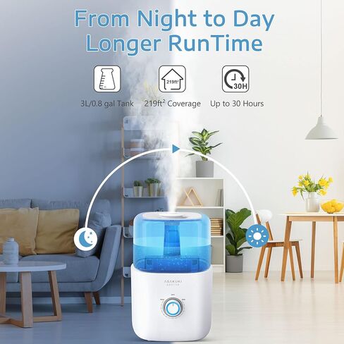 ASAKUKI Humidifiers for Bedroom, 3L Top Fill Cool Mist Humidifiers Ultrasonic Air Humidifier for Baby Kids Nursery Plants Quiet, Vaporizer Humidifier for Home with 360°Nozzle, Auto-Shut Off, White in Kuwait