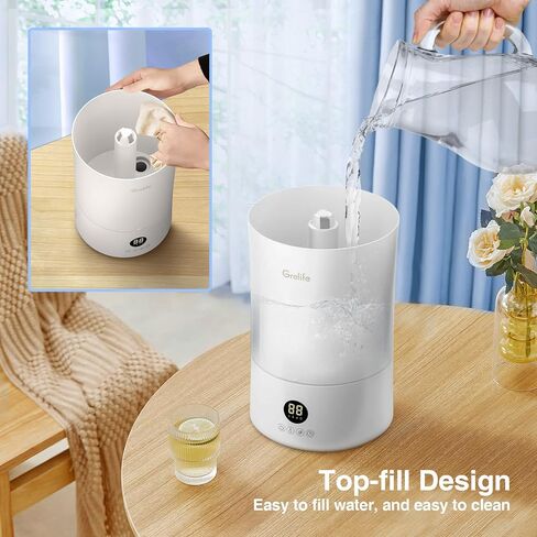 جريلايف جهاز ترطيب هواء لغرفة النوم الكبيرة، مرطب هواء بتعبئة علوية للاطفال والنباتات، مرطب هواء مع مرطب هواء، يعمل بالموجات فوق الصوتية، ضوء ليلي، ايقاف تلقائي، مؤقت، 4 لتر in Kuwait
