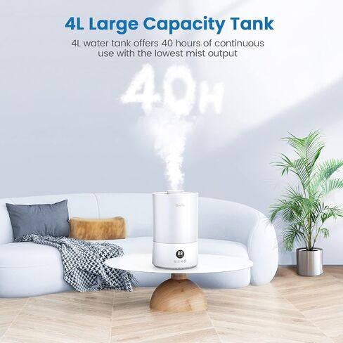 جريلايف جهاز ترطيب هواء لغرفة النوم الكبيرة، مرطب هواء بتعبئة علوية للاطفال والنباتات، مرطب هواء مع مرطب هواء، يعمل بالموجات فوق الصوتية، ضوء ليلي، ايقاف تلقائي، مؤقت، 4 لتر in Kuwait