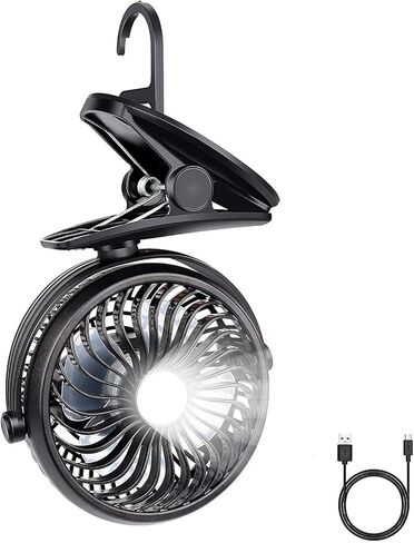 Camping Fan, Clip on Fan with LED Lights and Hook, 4 in 1 Camping accessories, Rechargeable 2600mAh Battery/USB Operated Personal Fan for Camping Hiking Baby Stroller Office Outdoor Travel in Kuwait