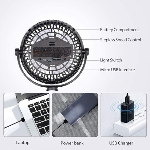 Camping Fan, Clip on Fan with LED Lights and Hook, 4 in 1 Camping accessories, Rechargeable 2600mAh Battery/USB Operated Personal Fan for Camping Hiking Baby Stroller Office Outdoor Travel in Kuwait