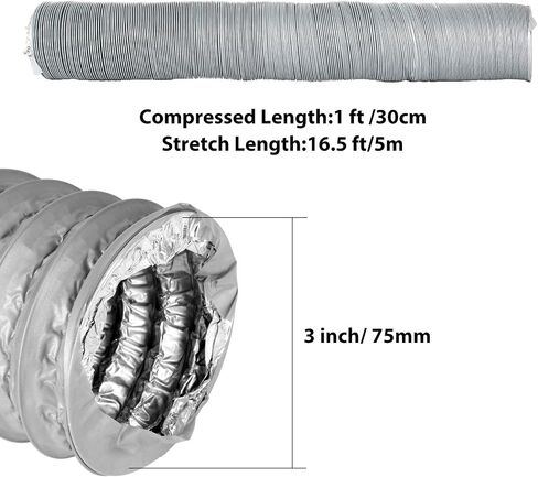 Dryer Vent Hose 16 ft 3 Inch Dryer Duct Flexible Dryer Hose Vent Kit Aluminum Foil Ducting with 2 Stainless Steel Worm Clamp for HVAC Ventilation, Fan Filter and Grow Tent in Saudi Arabia