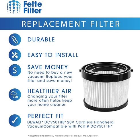 Fette Filter - 2 Pack of HEPA Replacement Filter Compatible with DEWALT DCV501HB 20V Cordless Handheld Vacuum, Compared to Part # DCV5011H in Kuwait
