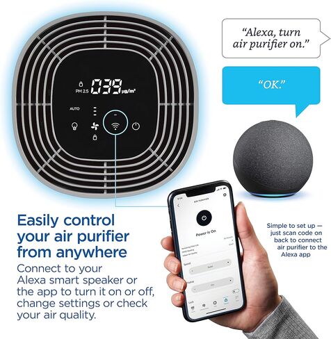 Clorox Smart Air Purifiers for Home, True HEPA Filter, Works with Alexa, Medium Rooms up to 1,000 Sq Ft, Removes 99.9% of Viruses, Wildfire Smoke, Mold, Allergies, Dust, AUTO Mode, Whisper Quiet in Kuwait