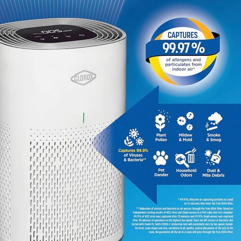 Clorox Smart Air Purifiers for Home, True HEPA Filter, Works with Alexa, Medium Rooms up to 1,000 Sq Ft, Removes 99.9% of Viruses, Wildfire Smoke, Mold, Allergies, Dust, AUTO Mode, Whisper Quiet in Kuwait