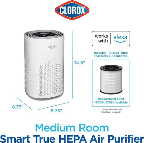 Clorox Smart Air Purifiers for Home, True HEPA Filter, Works with Alexa, Medium Rooms up to 1,000 Sq Ft, Removes 99.9% of Viruses, Wildfire Smoke, Mold, Allergies, Dust, AUTO Mode, Whisper Quiet in Kuwait