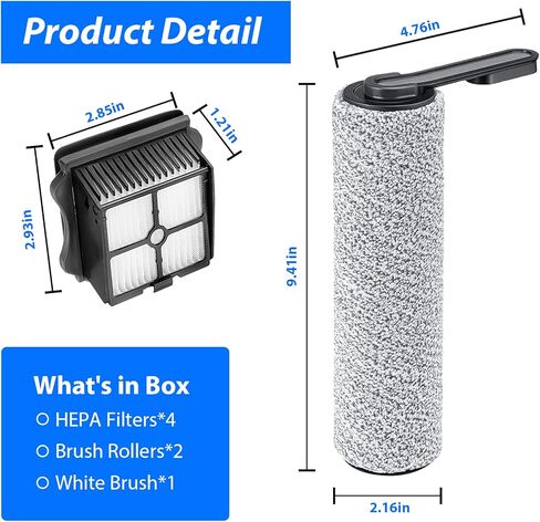 قطع غيار فرشاة دوارة بديلة لمكنسة تينيكو فلور ون اس 5 / فلور ون اس 5 برو اللاسلكية الرطبة والجافة، تتضمن 4 فلاتر هيبا و2 بكرة فرشاة وفرشاة بيضاء (4) in Kuwait