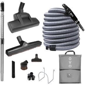 مجموعة OVO Central Vacuum Deluxe Plus، خرطوم تشغيل/إيقاف منخفض الجهد بطول 40 قدمًا، مضرب سجاد يعمل بالهواء، فرشاة أرضية ممتازة مقاس 12 بوصة، أدوات تنظيف وملحقات تخزين سهلة in Kuwait
