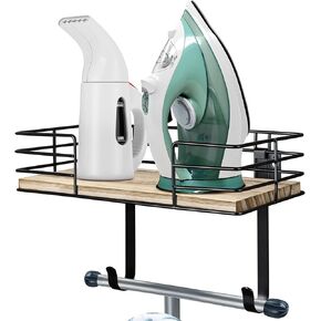 THYGIFTREE Ironing Board Hanger Wall Mount, Ironing Board Holder with Shelf, Ironing Board Wall Mount with Storage Wooden Basket & Removable Hook, for Laundry Room Living Room Bathroom,black.