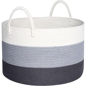 MINTWOOD Design Extra Large 22 x 14 Inches Cotton Rope Blanket Basket Living Room, Woven Laundry Basket, Toy Storage Baskets Bin, Decorative Round Pillow Towel Basket with Handles