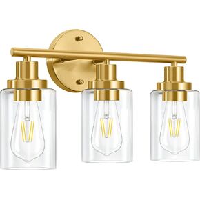 Gold Bathroom Wall Lights Brushed Brass 3-Light Vanity Light Fixtures Modern Wall Sconces with Clear Glass Shade, Bathroom Wall Lamp for Mirror Kitchen Bedroom Hallway Cabinet Porch in Saudi Arabia