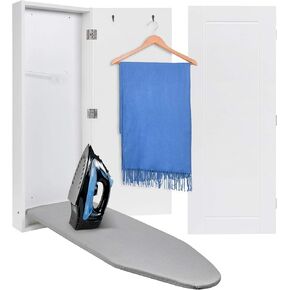 Ivation Wall-Mounted Ironing Board Cabinet, Foldable Ironing Storage Station for Home, Apartment , Easy-Release Lever, Garment Hooks, White