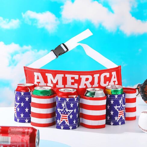 6 Pack Novelty Americana Themed Beverage Holder Beer Belt Independence Day Themed Drink Holder Beer Belt Creative Picnic Party Belt Soda Can Holster Belt for Men Women Outdoor Activities in Saudi Arabia