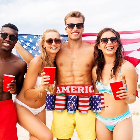 6 Pack Novelty Americana Themed Beverage Holder Beer Belt Independence Day Themed Drink Holder Beer Belt Creative Picnic Party Belt Soda Can Holster Belt for Men Women Outdoor Activities in Saudi Arabia