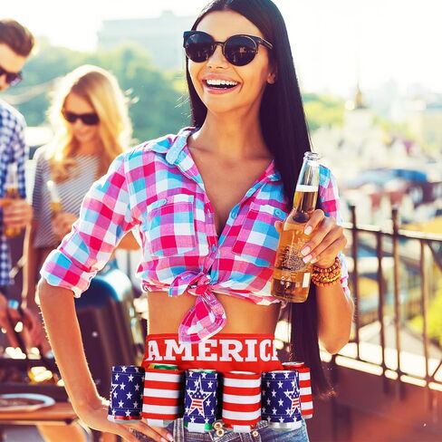 6 Pack Novelty Americana Themed Beverage Holder Beer Belt Independence Day Themed Drink Holder Beer Belt Creative Picnic Party Belt Soda Can Holster Belt for Men Women Outdoor Activities in Saudi Arabia