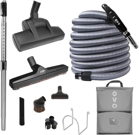 مجموعة OVO Central Vacuum Deluxe Plus، خرطوم تشغيل/إيقاف منخفض الجهد بطول 40 قدمًا، مضرب سجاد يعمل بالهواء، فرشاة أرضية ممتازة مقاس 12 بوصة، أدوات تنظيف وملحقات تخزين سهلة in Saudi Arabia