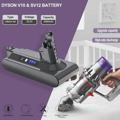 LONGFIT V10 Battery 25.2V 4.0Ah for Dyson, V10 Battery Replacement Pack Li-ion for Dyson Cyclone V10 Animal V10 Absolute SV12 V10 Fluffy V10 Motorhead Stick Vacuums in Saudi Arabia