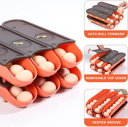 DGYJJZ 6 PCS Egg Holder for Refrigerator, Automatic Rolling Egg Container for Refrigerator, Large Capacity can Hold 42 Eggs，Egg Fresh Storage Box with Lid（White） in Saudi Arabia