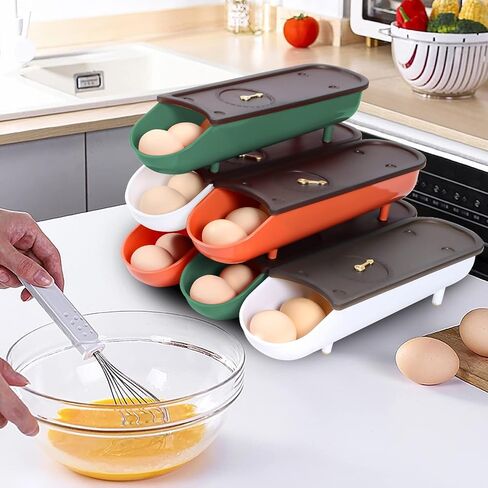 DGYJJZ 6 PCS Egg Holder for Refrigerator, Automatic Rolling Egg Container for Refrigerator, Large Capacity can Hold 42 Eggs，Egg Fresh Storage Box with Lid（White） in Saudi Arabia