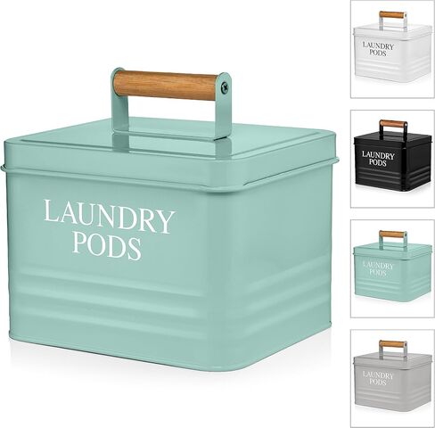 Calindiana Modern Farmhouse Metal Laundry Pods Holder Container with Lid for Laundry Room Decor and Accessories and Space Saving Organization and Storage, Holds 81 Laundry Pods, Black in Saudi Arabia