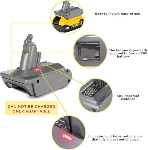 biuonga لـ Dyson V6 محول بطارية بديل لبطارية Dewalt 20V لتحويل دايسون DC62 DC59 DC58 SV03 SV04 SV09 V6 رأس محرك الحيوان V6 سليم V6 مطلق V6 مكنسة رقيق (محول فقط) in Kuwait