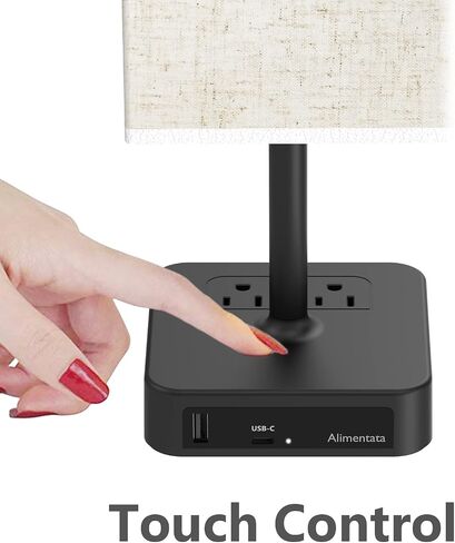مصباح طاولة بجانب السرير يعمل باللمس من Alimentata مع منفذ شحن USB C وUSB A ومنفذ تيار متردد، مصباح ليلي LED بسيط للمكتب مع قاعدة شاحن، غطاء من القماش الأبيض لغرفة النوم/منضدة/مكتب in Kuwait