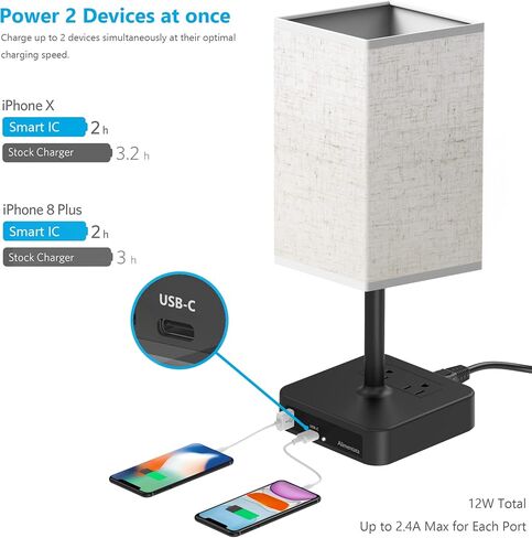 مصباح طاولة بجانب السرير يعمل باللمس من Alimentata مع منفذ شحن USB C وUSB A ومنفذ تيار متردد، مصباح ليلي LED بسيط للمكتب مع قاعدة شاحن، غطاء من القماش الأبيض لغرفة النوم/منضدة/مكتب in Kuwait