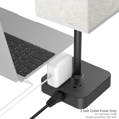 مصباح طاولة بجانب السرير يعمل باللمس من Alimentata مع منفذ شحن USB C وUSB A ومنفذ تيار متردد، مصباح ليلي LED بسيط للمكتب مع قاعدة شاحن، غطاء من القماش الأبيض لغرفة النوم/منضدة/مكتب in Kuwait