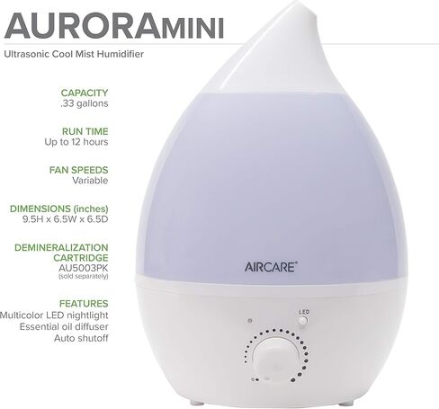 AIRCARE Aurora Ultrasonic Cool Mist Humidifier, Whisper-Quiet between 8-24 hours, Seven Color LED Night Light, Essential Oil Tray and Automatic Shut-Off for Baby, Nursery or Bedroom (White, 1 gal) in Kuwait