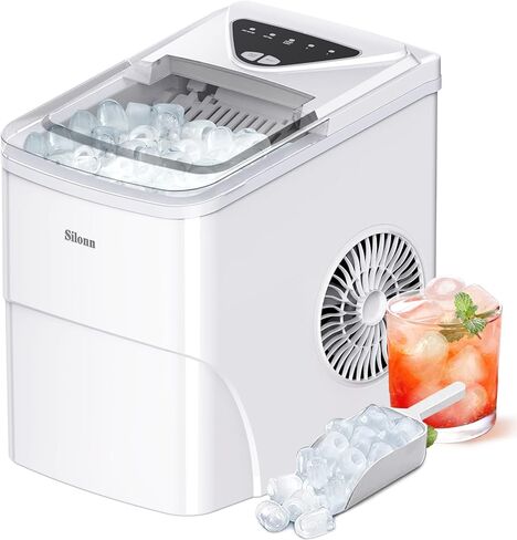 Silonn Ice Makers Countertop, 9 Cubes Ready in 6 Mins, 26lbs in 24Hrs, Self-Cleaning Ice Machine with Ice Scoop and Basket, 2 Sizes of Bullet Ice for Home Kitchen Office Bar Party in Kuwait