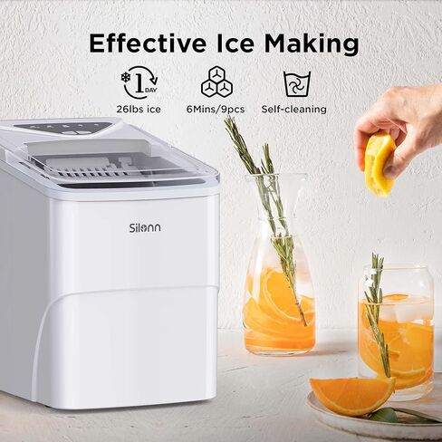 Silonn Ice Makers Countertop, 9 Cubes Ready in 6 Mins, 26lbs in 24Hrs, Self-Cleaning Ice Machine with Ice Scoop and Basket, 2 Sizes of Bullet Ice for Home Kitchen Office Bar Party in Kuwait