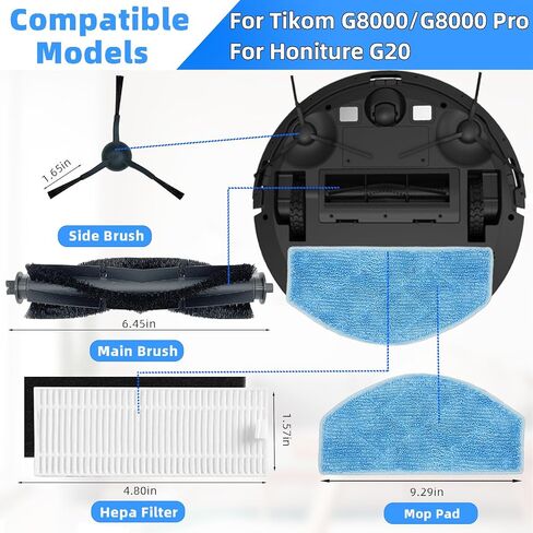 مجموعة قطع غيار بديلة لـ Tikom G8000، لـ Tikom G8000 Pro، لملحقات قطع غيار المكنسة الكهربائية HONITURE G20 Robot، 1 فرشاة دوارة رئيسية، 4 فرش جانبية، 4 مرشحات هيبا، 4 وسادات ممسحة in Kuwait