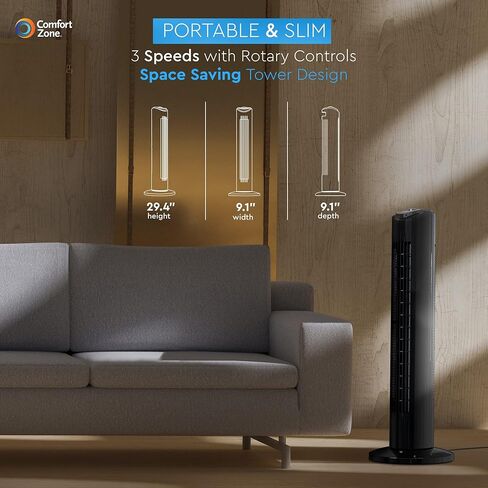 Comfort Zone CZTF290BK 29" Powerful 3-Speed Oscillating Slim Tower Fan with Performance Blades and Sturdy Base in Black in Saudi Arabia