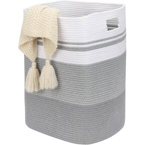 سلة غسيل فيكسوال، سلة كبيرة من الحبال القطنية الطويلة المنسوجة للتخزين المزخرف مع مقابض لغرفة المعيشة، والألعاب، والمناشف، وملابس حضانة الأطفال، مقاس 16 × 13 × 22 بوصة، بني متدرج in Kuwait