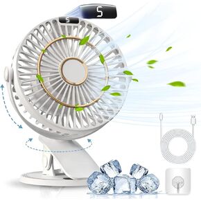 5 Speeds Clip on Fan Rechargeable - Mini USB Portable Desk Fan with Clip, LED Display Powerful Silent Table Fan, 720°Flexible Rotation for Bed, Home, Stroller, Sport, Camping (Black)