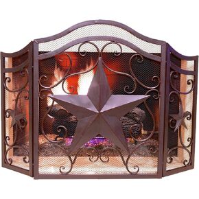 Decorative Metal Heavy Foldable Fireplace Screen with Star and Beautiful Scrolls in Brown Metal Mesh Rustic Western Country Style in Kuwait