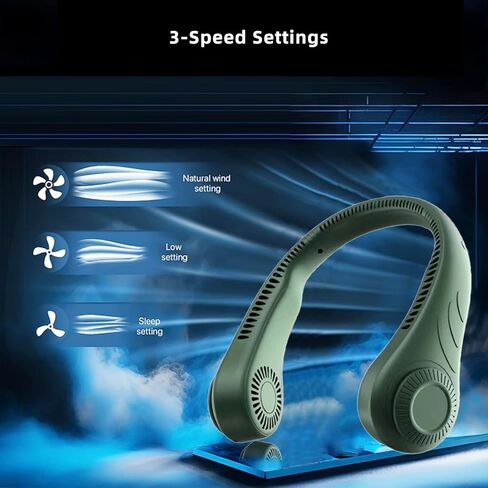 Portable Neck Fan, 3 Speeds Bladeless Fan, 360°Cooling and Quiet Neck Air Conditioner, Adjustable USB Powered Personal Fan, Leafless No Hair Twisting, Headphone Design for Travel, Men Women(Green) in Kuwait
