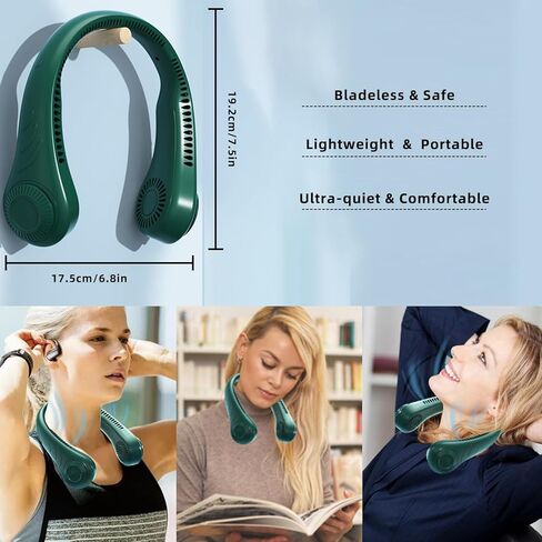 Portable Neck Fan, 3 Speeds Bladeless Fan, 360°Cooling and Quiet Neck Air Conditioner, Adjustable USB Powered Personal Fan, Leafless No Hair Twisting, Headphone Design for Travel, Men Women(Green) in Kuwait