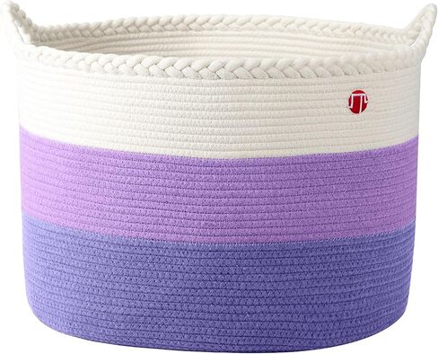 سلة غسيل منسوجة من الحبال القطنية 100% متوسطة الحجم من MeloMin (80 لتر) (6 ألوان) - 21 بوصة × 14 بوصة - سلة تخزين منزلية للبطانيات والألحفة والمناشف والألعاب (أرجواني) in Kuwait