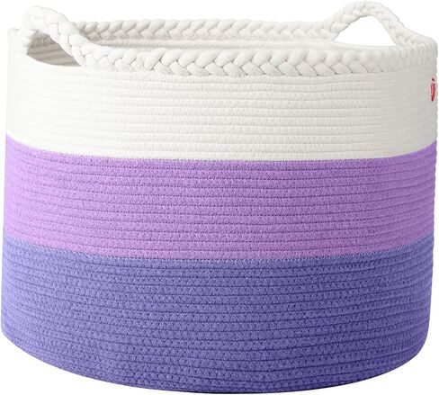 سلة غسيل منسوجة من الحبال القطنية 100% متوسطة الحجم من MeloMin (80 لتر) (6 ألوان) - 21 بوصة × 14 بوصة - سلة تخزين منزلية للبطانيات والألحفة والمناشف والألعاب (أرجواني) in Kuwait