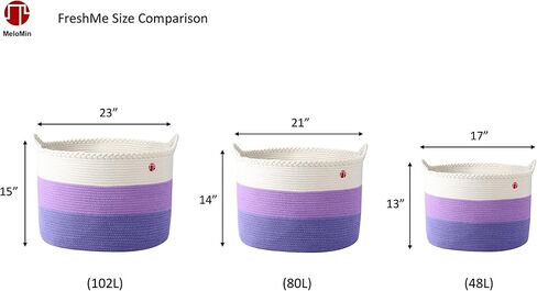 سلة غسيل منسوجة من الحبال القطنية 100% متوسطة الحجم من MeloMin (80 لتر) (6 ألوان) - 21 بوصة × 14 بوصة - سلة تخزين منزلية للبطانيات والألحفة والمناشف والألعاب (أرجواني) in Kuwait