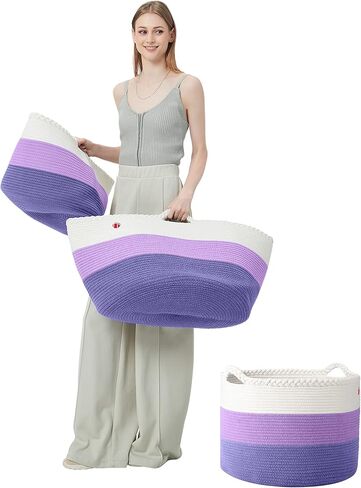 سلة غسيل منسوجة من الحبال القطنية 100% متوسطة الحجم من MeloMin (80 لتر) (6 ألوان) - 21 بوصة × 14 بوصة - سلة تخزين منزلية للبطانيات والألحفة والمناشف والألعاب (أرجواني) in Kuwait