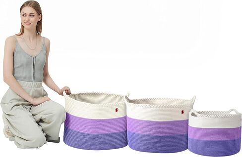 سلة غسيل منسوجة من الحبال القطنية 100% متوسطة الحجم من MeloMin (80 لتر) (6 ألوان) - 21 بوصة × 14 بوصة - سلة تخزين منزلية للبطانيات والألحفة والمناشف والألعاب (أرجواني) in Kuwait