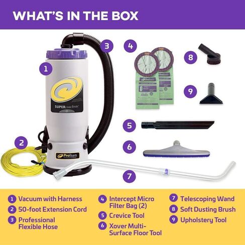 مكانس الظهر ProTeam، مكنسة كهربائية Super QuarterVac التجارية على الظهر مع فلترة وسائط HEPA ومجموعة أدوات العصا المكونة من قطعتين، 6 كوارت، سلكية in Saudi Arabia