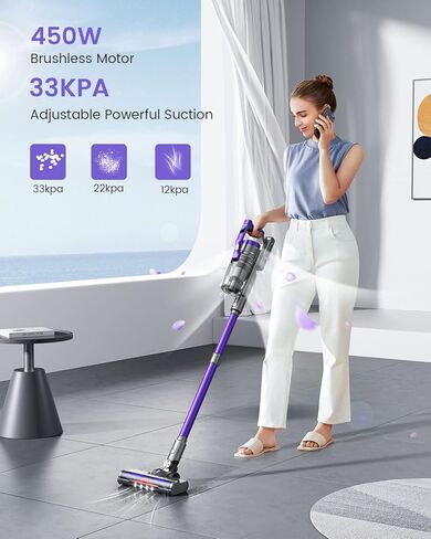 مكنسة كهربائية لاسلكية، مكنسة كهربائية بقدرة 450 واط، شاشة عرض ملونة OLED، حتى 55 دقيقة، 8 أوضاع للرسوم المتحركة، ترشيح متعدد المخروط، مكنسة كهربائية محمولة للأرضيات الصلبة والسجاد وشعر الحيوانات الأليفة S14 in Kuwait