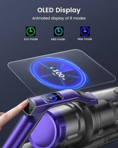 مكنسة كهربائية لاسلكية، مكنسة كهربائية بقدرة 450 واط، شاشة عرض ملونة OLED، حتى 55 دقيقة، 8 أوضاع للرسوم المتحركة، ترشيح متعدد المخروط، مكنسة كهربائية محمولة للأرضيات الصلبة والسجاد وشعر الحيوانات الأليفة S14 in Kuwait