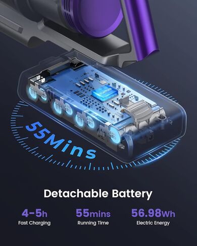 مكنسة كهربائية لاسلكية، مكنسة كهربائية بقدرة 450 واط، شاشة عرض ملونة OLED، حتى 55 دقيقة، 8 أوضاع للرسوم المتحركة، ترشيح متعدد المخروط، مكنسة كهربائية محمولة للأرضيات الصلبة والسجاد وشعر الحيوانات الأليفة S14 in Kuwait