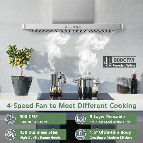 ONEEON Range Hood 30 Inch, 900 CFM Stainless Steel Wall Mount Kitchen Hood with Ducted Exhaust Vent, 4 Speed Exhaust Fan, LED Lights, Push Button, Ultra-thin Body, Chimney Style Stove Vent Hood in Saudi Arabia